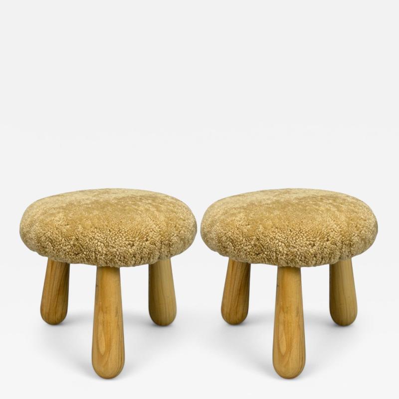 Danish Modern Style Honey Sheepskin Maple Shearling Footstools 21st C 
