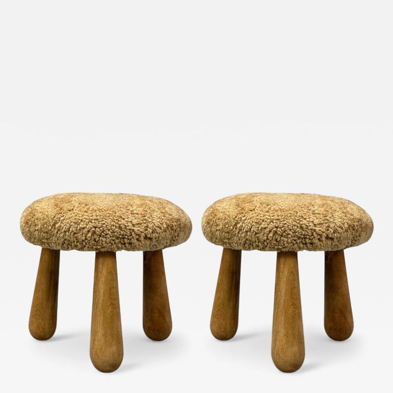 Danish Modern Style Honey Sheepskin Maple Shearling Footstools USA 21st c 