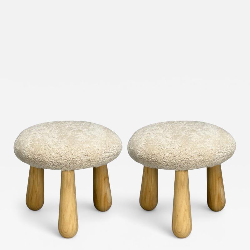 Danish Modern Style Sheepskin Stools Beige Shearling Maple USA 21st c 
