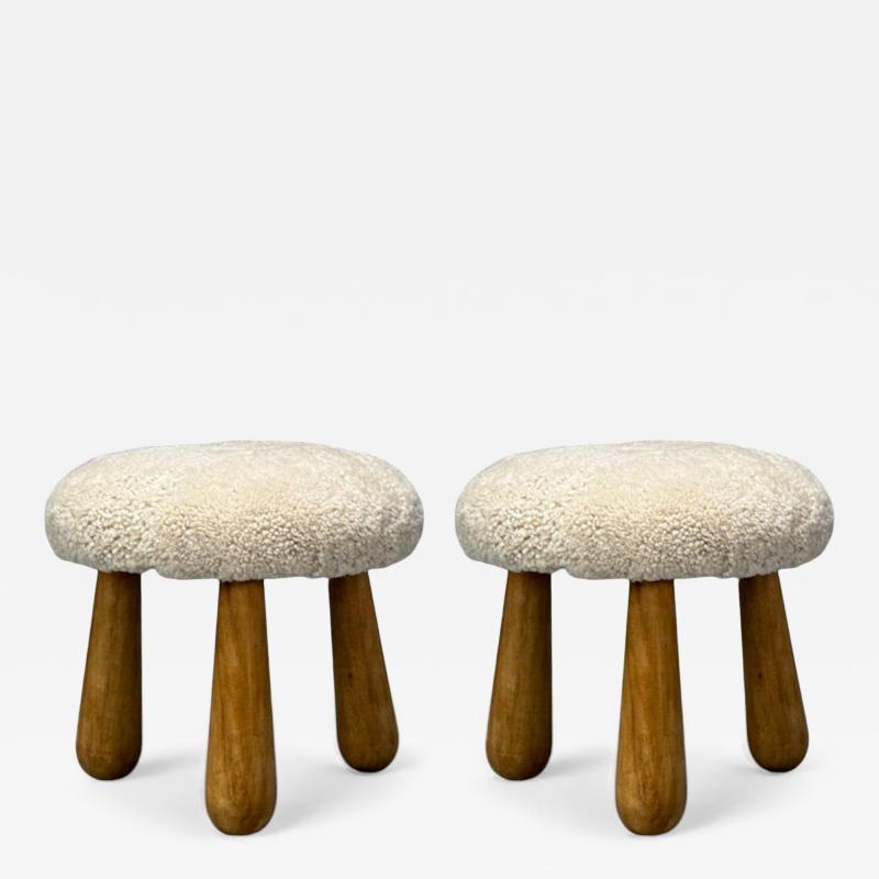 Danish Modern Style Sheepskin Stools Beige Shearling Maple USA 21st c 