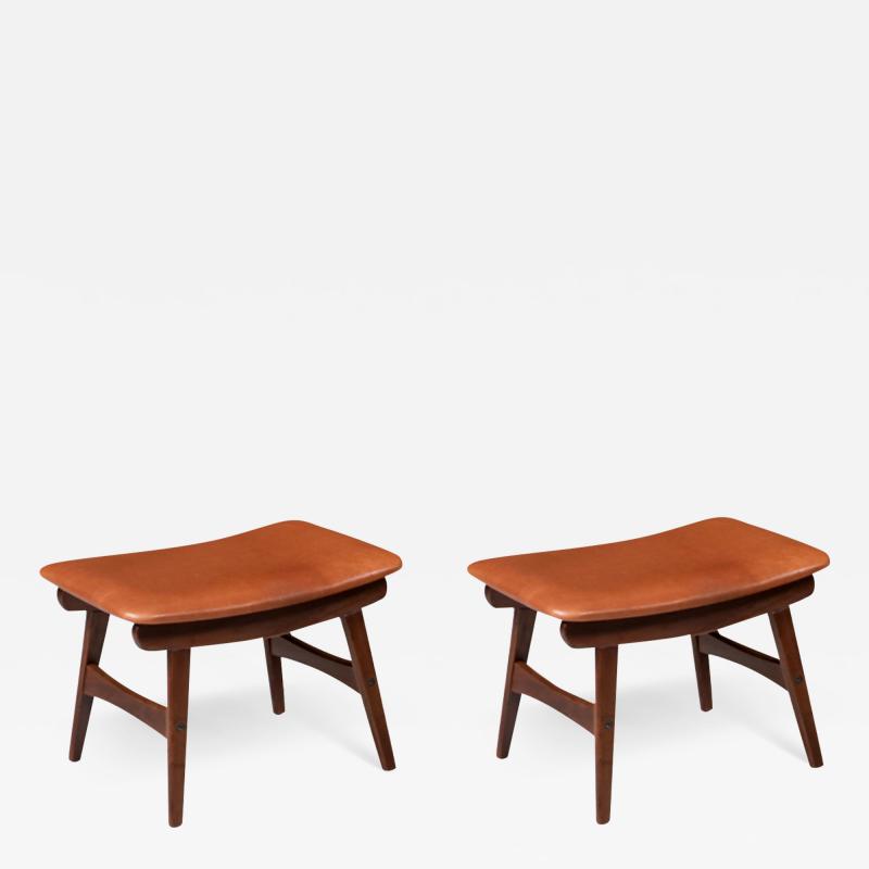 Danish Modern Teak Cognac Leather Stools by Fredly Mobelfabrik