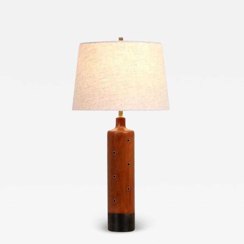 Danish Modern Teak Leather Table Lamp with Brass Inlaid by H Paaske