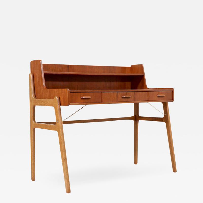 Danish Modern Teak Oak Two Tier Desk with Brass Accents