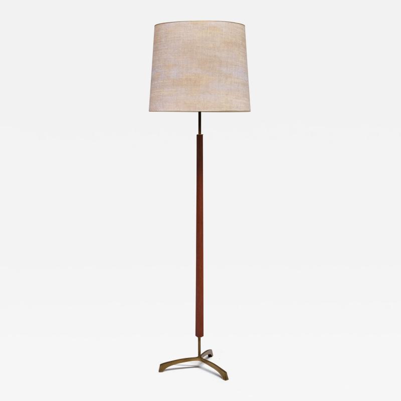 Danish Modern Three Legged Floor Lamp in Brass Teak and Textured Shade 1950s