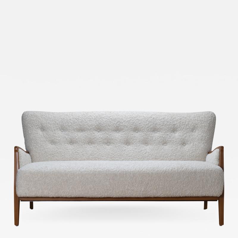 Danish Wood Frame Settee in Ivory Faux Lambswool