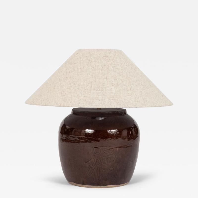 Dark Reddish Brown Glazed Table Lamp with Natural Linen Shade