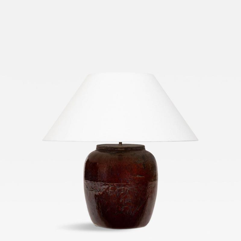 Dark Reddish Brown Glazed Table Lamp with Natural Linen Shade
