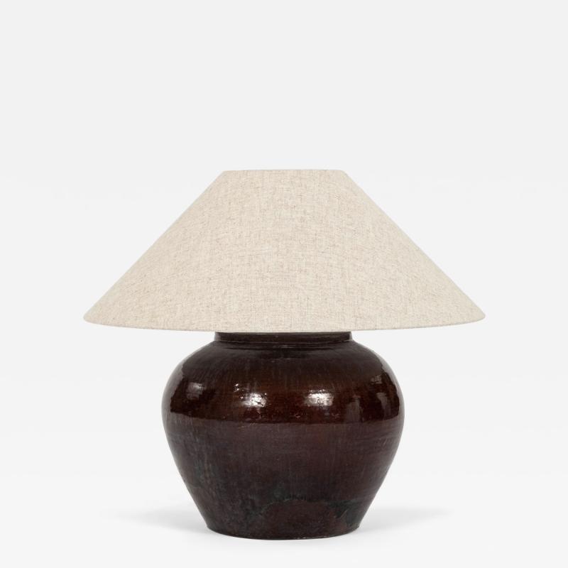 Dark Reddish Brown Glazed Table Lamp with Natural Linen Shade