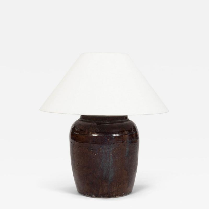 Dark Reddish Brown Glazed Table Lamp with Natural Linen Shade
