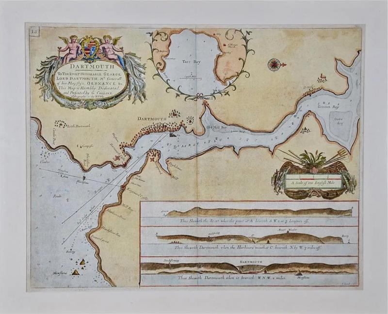 Dartmouth England A Hand Colored 17th Century Sea Chart by Captain Collins
