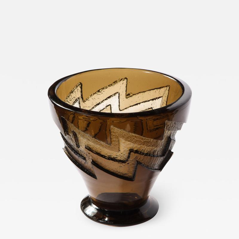 Daum Nancy Art Deco Smoked Glass Vase with Recessed Molded Zig Zag Motif Signed Daum Nancy