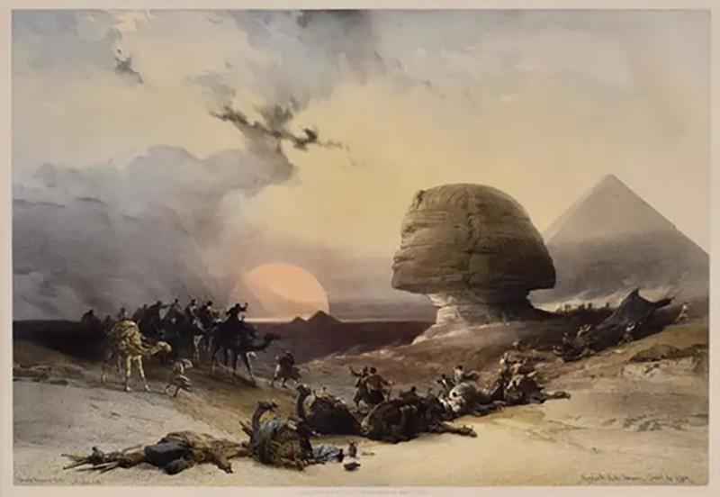 David Roberts Approach of the Simoon Desert of Gizeh 19th C Hand colored Roberts Lithograph