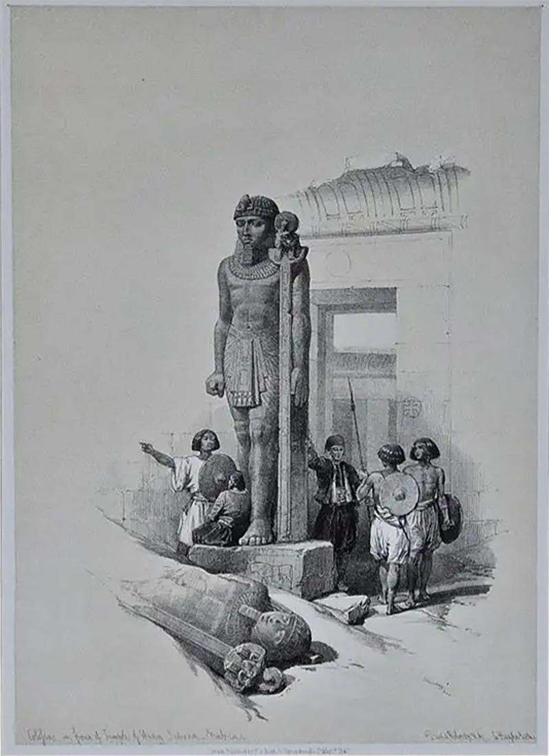 David Roberts David Roberts 19th Century Duo tone Lithograph Colossus of the Temple of Wady