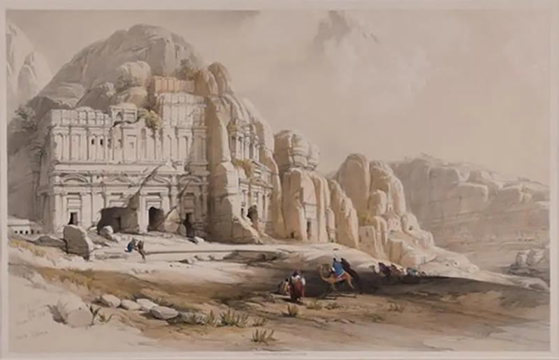 David Roberts Petra The Upper or Eastern Valley 19th C Hand colored Roberts Lithograph