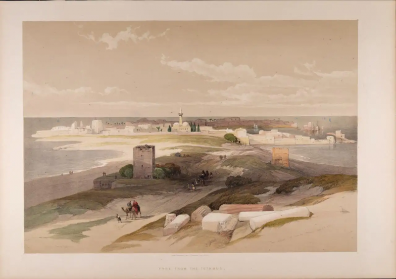 David Roberts Tyre From the Isthmus Roberts 19th C Hand colored Lithograph