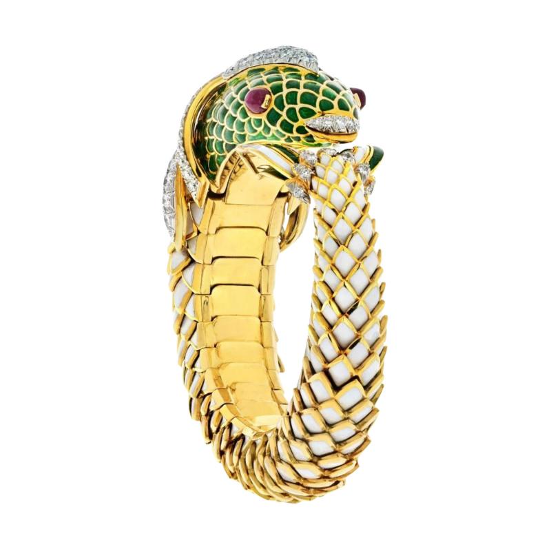 David Webb 18K YELLOW GOLD KOI FISH WHITE ENAMEL GREEN ENAMEL AND DIAMOND BRACELET