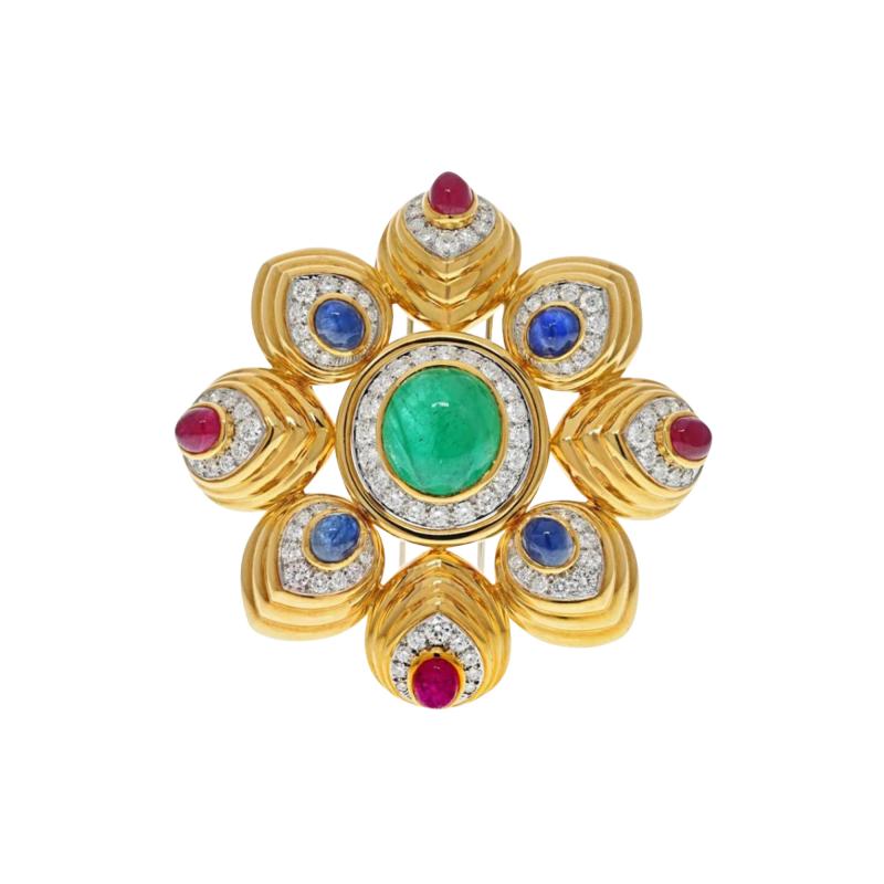 David Webb 18K YELLOW GOLD MULTICOLOR CABOCHON GEMSTONE AND DIAMOND MALTESE BROOCH