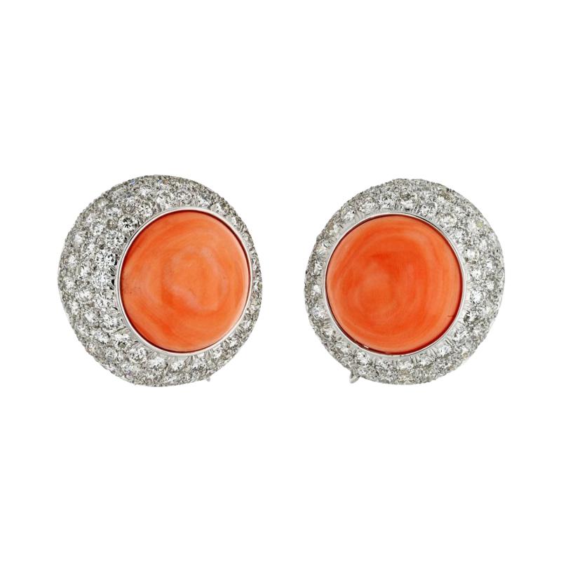 David Webb DAVID WEBB 18K WHITE GOLD 12 50CTTW ROUND BUTTON CORAL AND DAIMOND CLIP EARRINGS