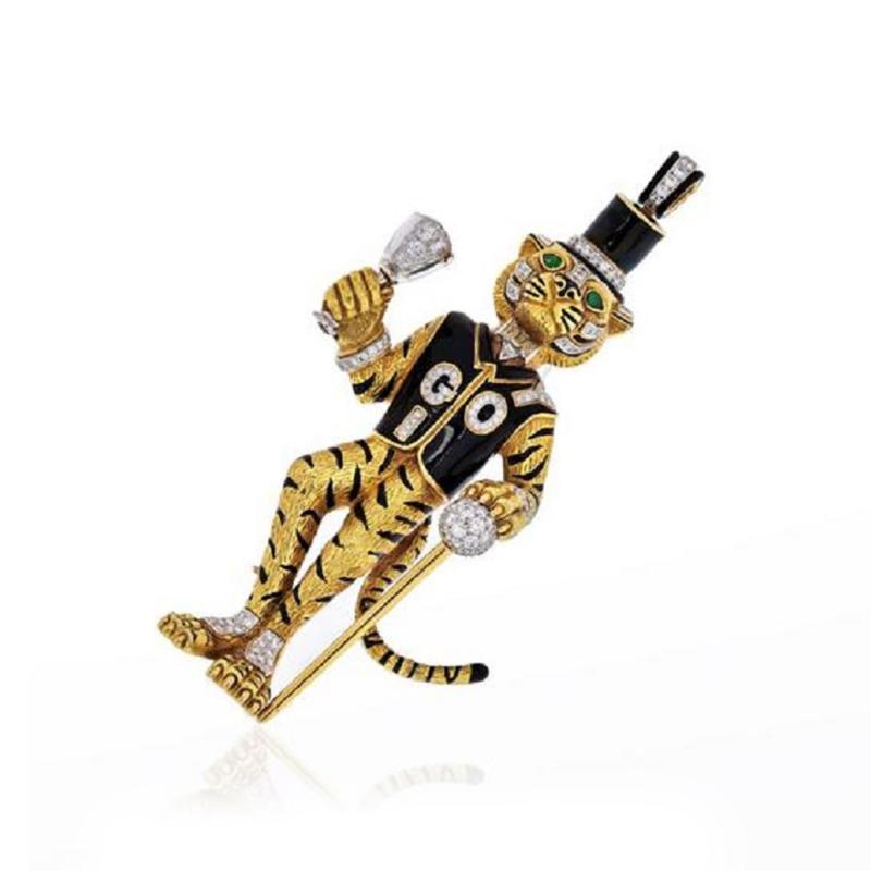 David Webb DAVID WEBB 18K WHITE GOLD BLACK ENAMEL TIGER BROOCH