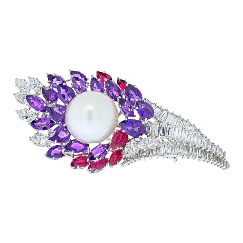 David Webb DAVID WEBB 18K WHITE GOLD DIAMOND AMETHYSTS RUBY AND PEARL BROOCH