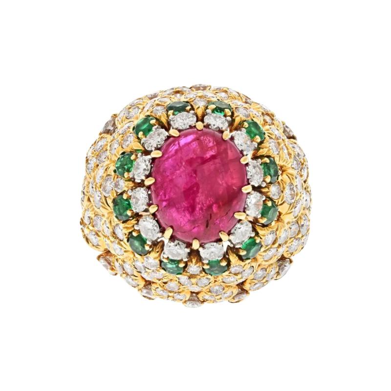 David Webb DAVID WEBB 18K YELLOW GOLD 1970S RUBY DIAMOND AND EMERALD COCKTAIL RING