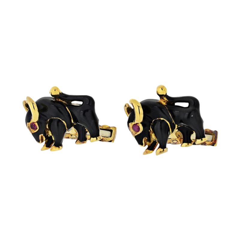 David Webb DAVID WEBB 18K YELLOW GOLD BULLS BLACK ENAMEL VINTAGE CUFF LINKS