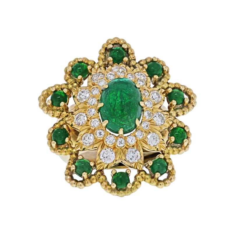 David Webb DAVID WEBB 18K YELLOW GOLD CABOCHON EMERALD DIAMOND FLOWER RING