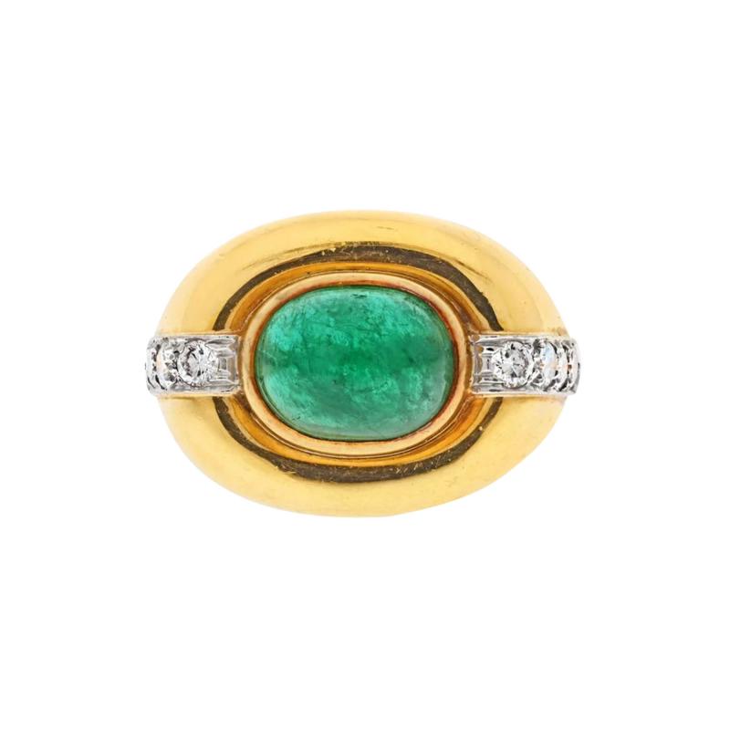 David Webb DAVID WEBB 18K YELLOW GOLD CABOCHON EMERALD DIAMOND RING