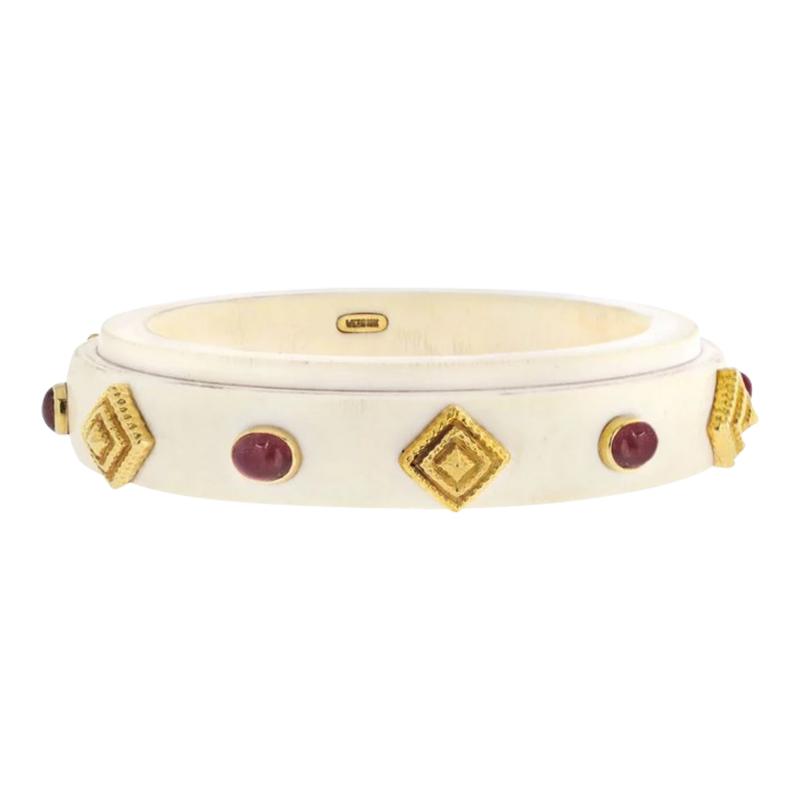 David Webb DAVID WEBB 18K YELLOW GOLD CABOCHON RUBY BONE BANGLE BRACELET