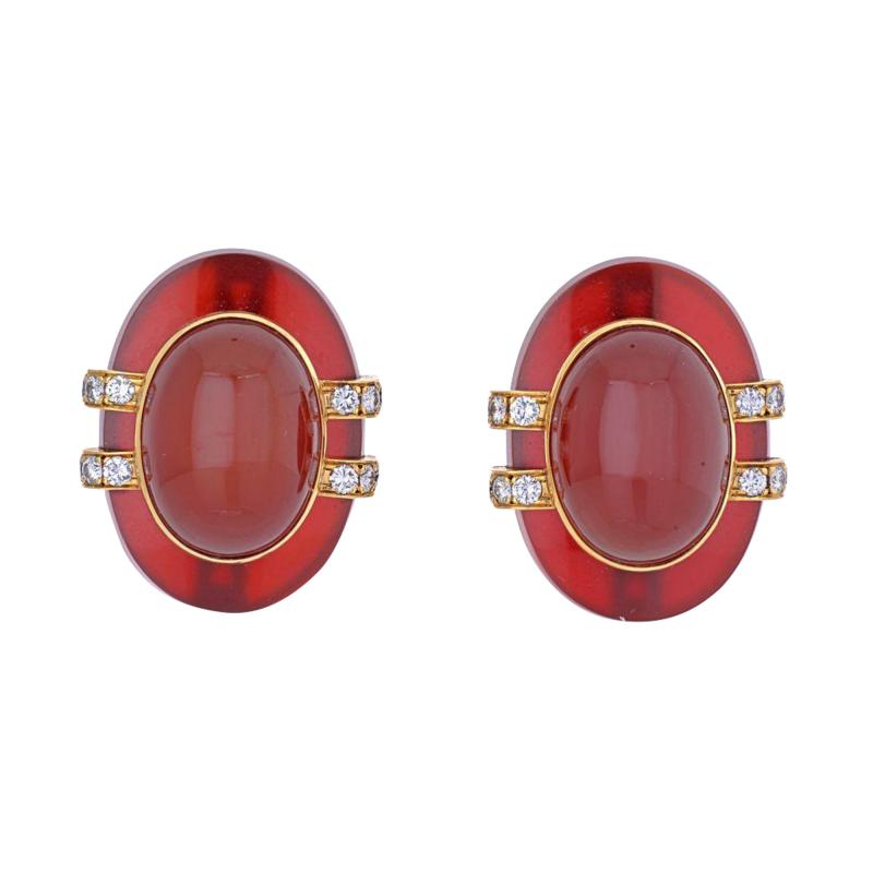 David Webb DAVID WEBB 18K YELLOW GOLD CARNELIAN AND DIAMOND CLIP EARRINGS