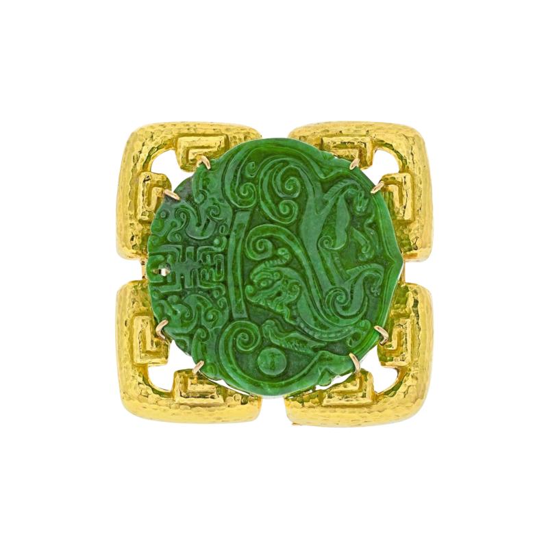 David Webb DAVID WEBB 18K YELLOW GOLD CARVED JADE PENDANT AND A BROOCH