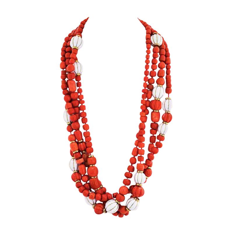 David Webb DAVID WEBB 18K YELLOW GOLD CORAL AND WHITE ENAMEL MULTI STRAND NECKLACE