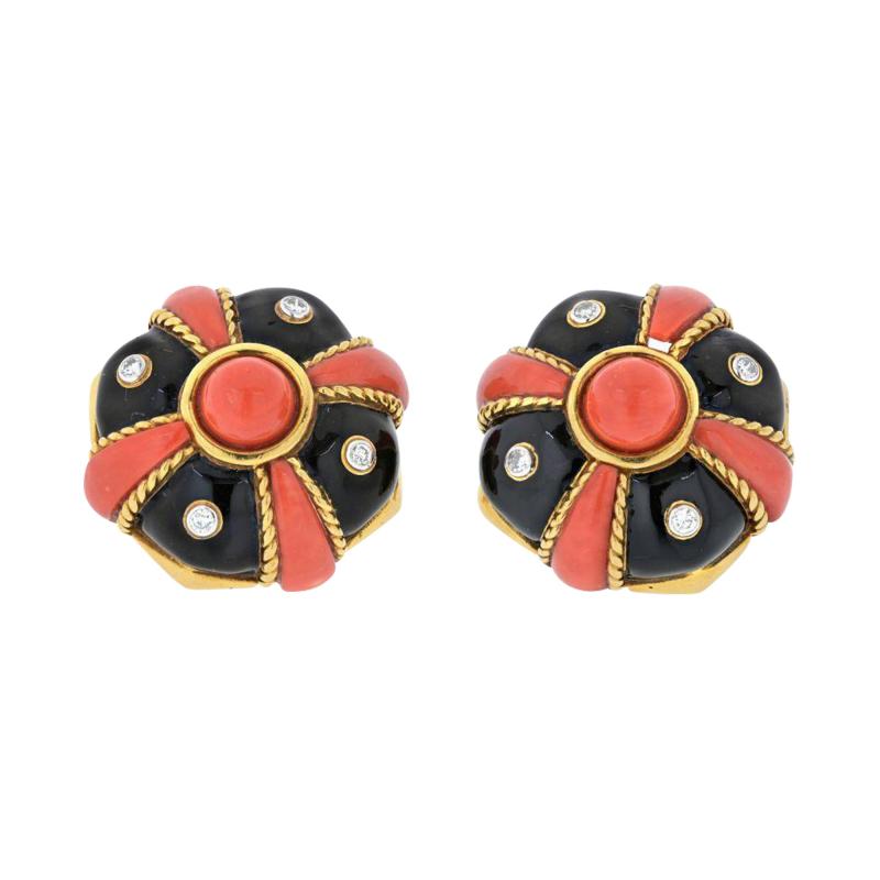David Webb DAVID WEBB 18K YELLOW GOLD CORAL BLACK ENAMEL AND DIAMOND BOMBE EARRINGS
