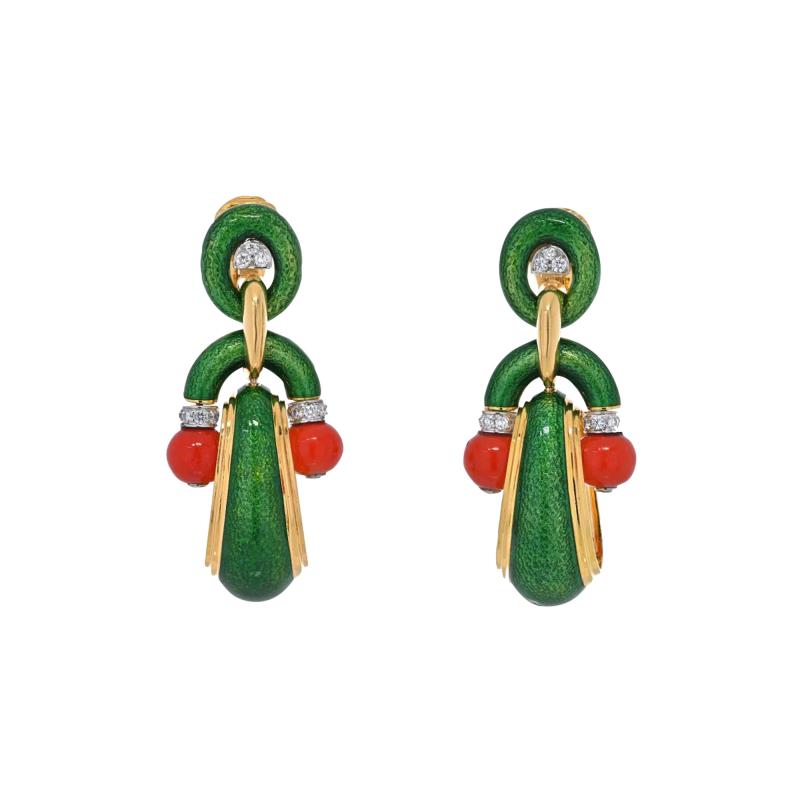 David Webb DAVID WEBB 18K YELLOW GOLD CORAL GREEN ENAMEL AND DIAMOND DOOR KNOCKER EARRINGS