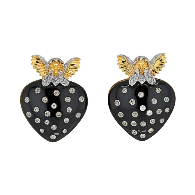David Webb DAVID WEBB 18K YELLOW GOLD CUPID BLACK ENAMEL DIAMOND STUDED HEART CLIP EARRINGS