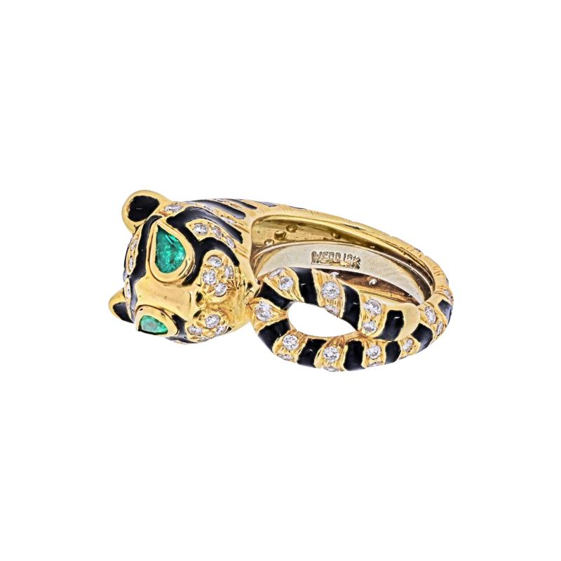 David Webb DAVID WEBB 18K YELLOW GOLD DIAMONDS EMERALDS BLACK ENAMEL TIGER RING