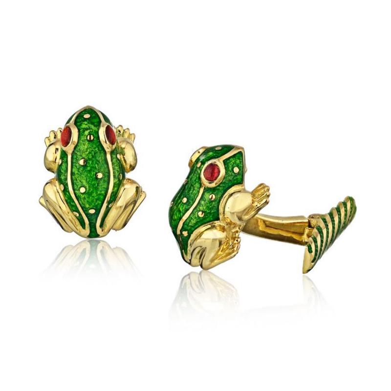 David Webb DAVID WEBB 18K YELLOW GOLD FROG GREEN ENAMEL RUBY EYES CUFF LINKS