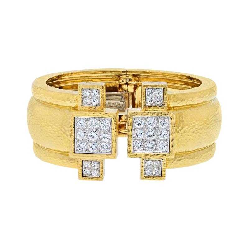 David Webb DAVID WEBB 18K YELLOW GOLD HAMMERED WIDE CUFF WITH DIAMONDS BRACELET