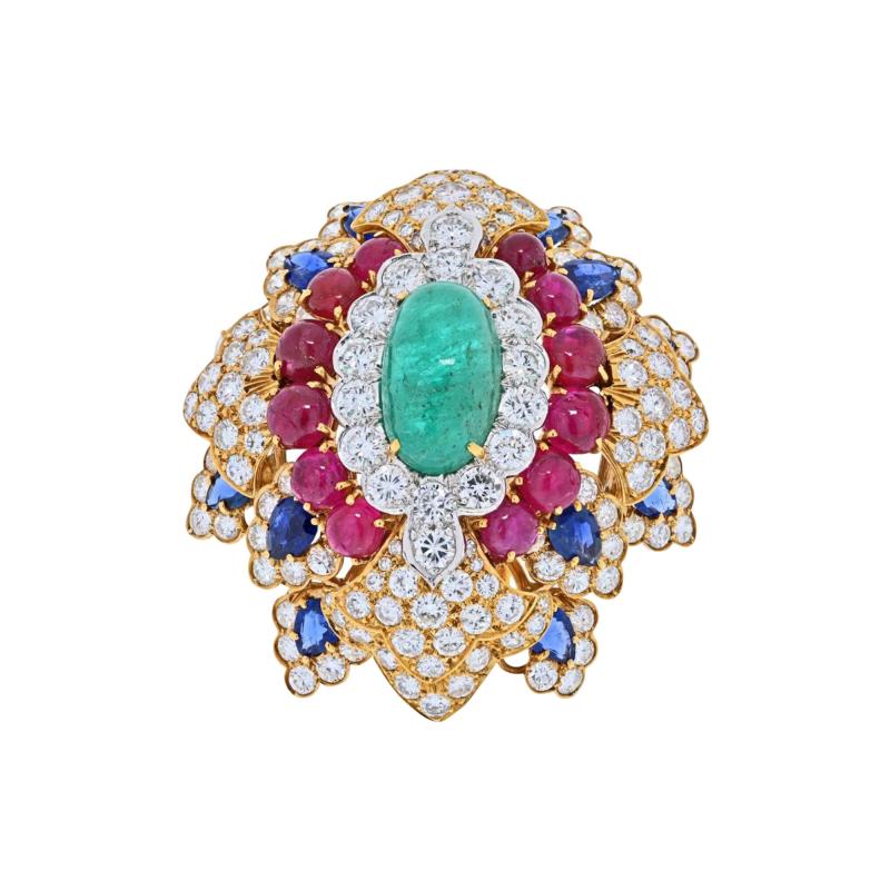 David Webb DAVID WEBB 18K YELLOW GOLD HERALDIC GREEN EMERALD RUBY AND DIAMOND BROOCH