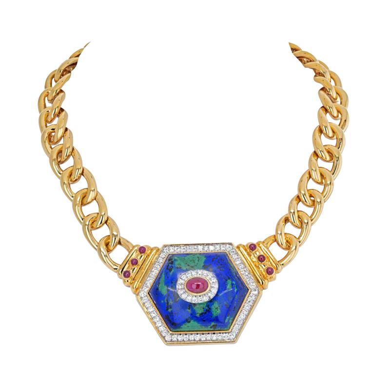 David Webb DAVID WEBB 18K YELLOW GOLD HEXAGONAL SHAPED AZURMALACHITE NECKLACE