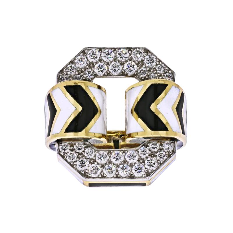 David Webb DAVID WEBB 18K YELLOW GOLD LARGE CHEVRON WHITE AND BLACK ENAMEL RING