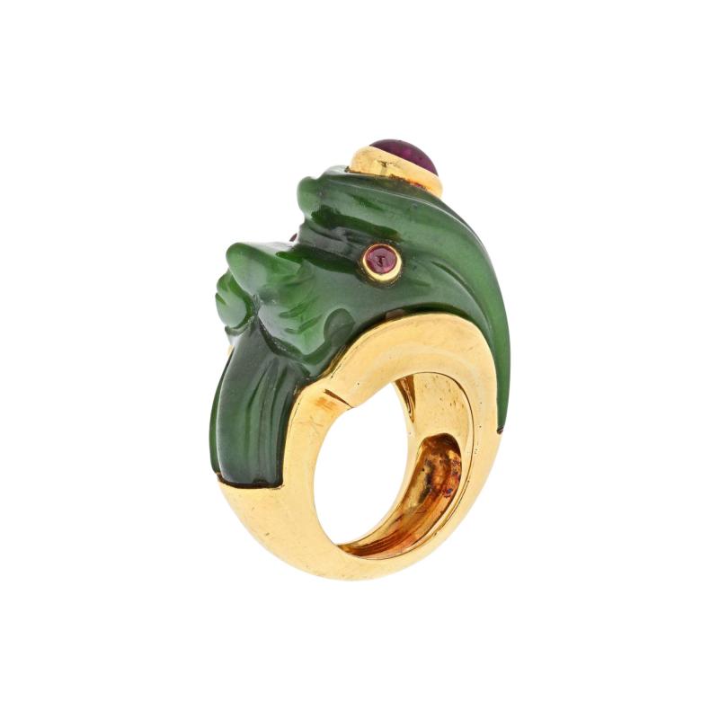 David Webb DAVID WEBB 18K YELLOW GOLD NEPHRITE RUBY LION RING