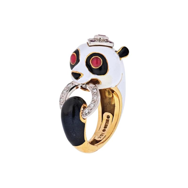 David Webb DAVID WEBB 18K YELLOW GOLD PANDA WHITE BLACK ENAMEL RUBY DIAMOND RING