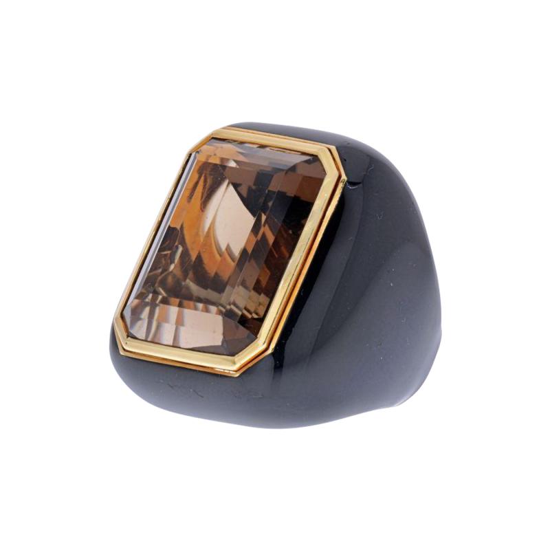 David Webb DAVID WEBB 18K YELLOW GOLD SMOKY QUARTZ AND BLACK ENAMEL RING