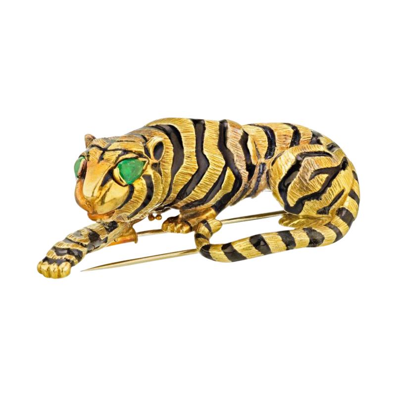 David Webb DAVID WEBB 18K YELLOW GOLD TIGER IN BLACK ENAMEL AND GREEN EMERALD EYES BROOCH