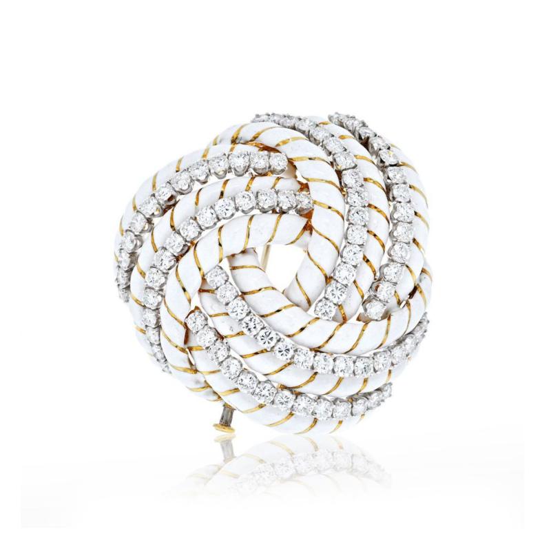 David Webb DAVID WEBB 18K YELLOW GOLD WHITE ENAMEL AND 8 00CTTW DIAMOND KNOT BROOCH