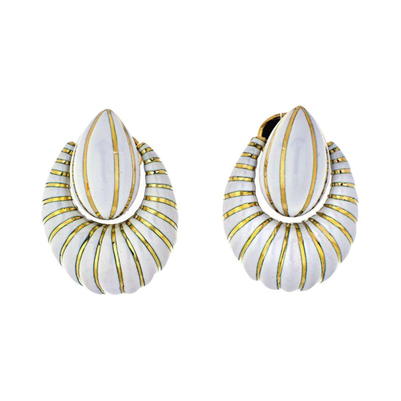 David Webb DAVID WEBB 18K YELLOW GOLD WHITE ENAMEL DOOR KNOCKERS EARRINGS