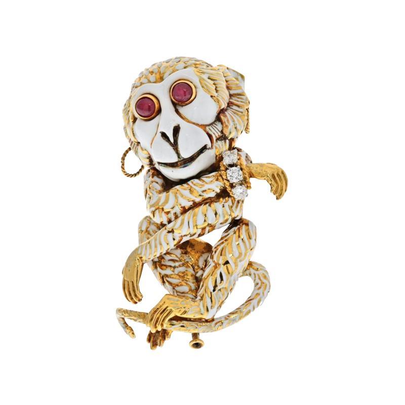 David Webb DAVID WEBB 18K YELLOW GOLD WHITE ENAMEL GYPSY MONKEY BROOCH