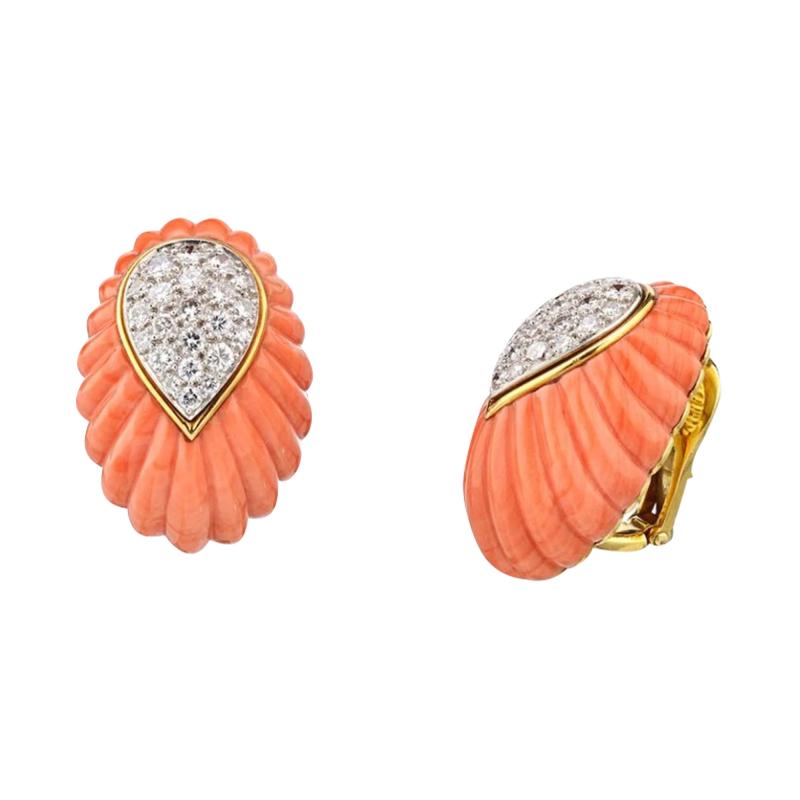 David Webb DAVID WEBB 1970S PLATINUM 18K YELLOW GOLD CORAL AND DIAMOND EARRINGS