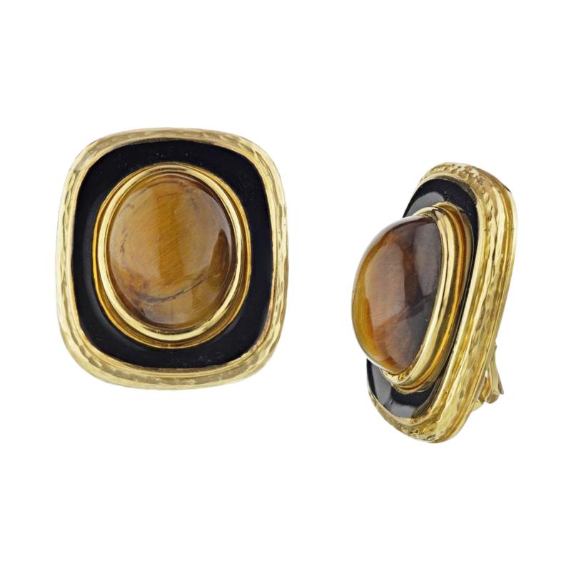 David Webb DAVID WEBB 1970S PLATINUM 18K YELLOW GOLD GOLD BLACK ENAMEL EARRINGS